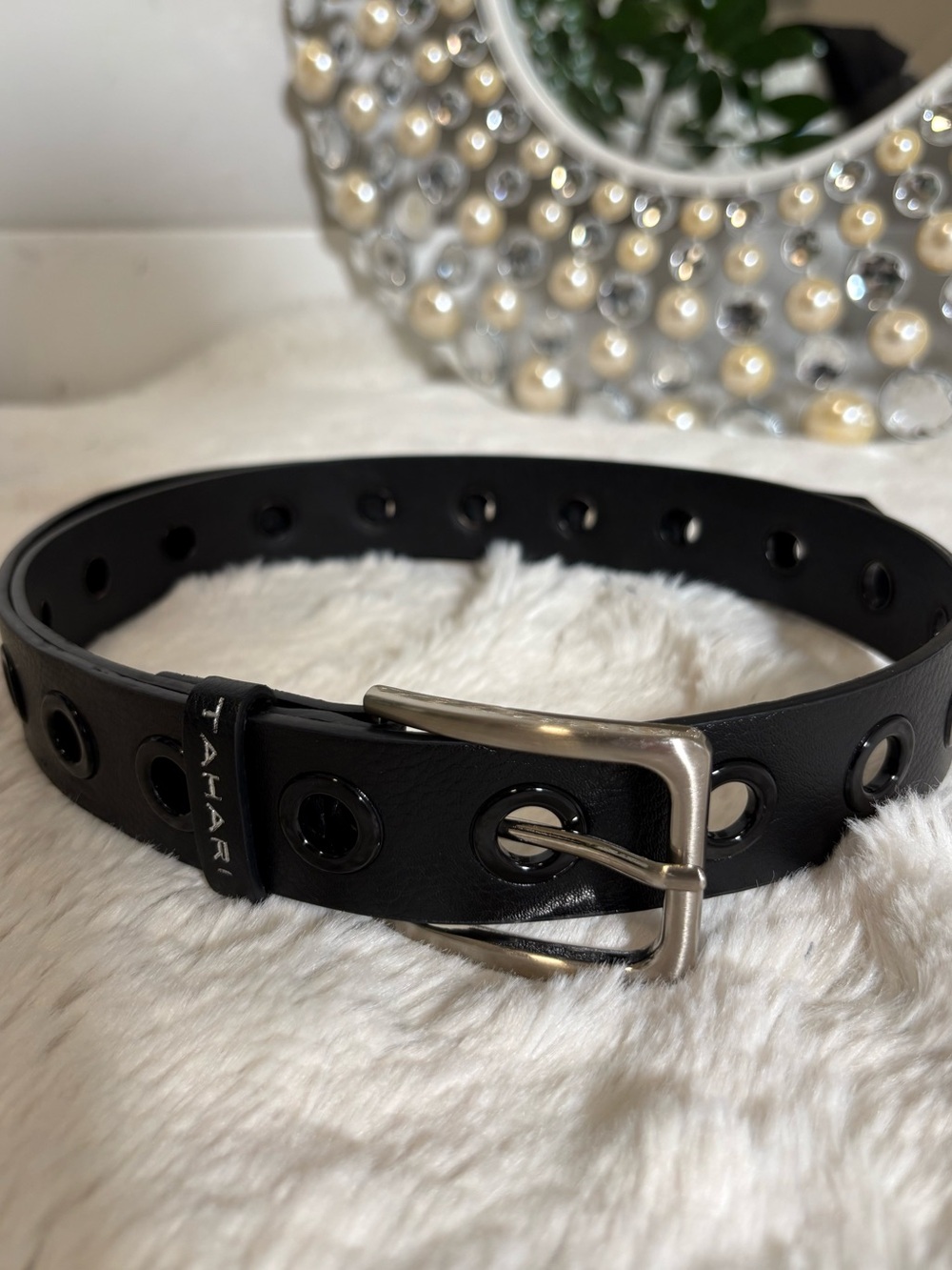 Tahari Black Leather Grommet Belt, One Size